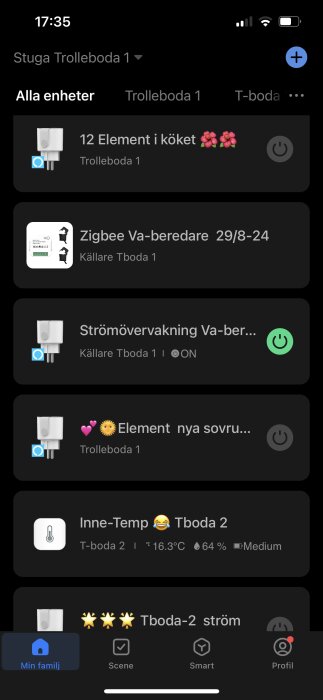 Skärmdump av Smart Life-appen med olika smarta enheter listade, inklusive element, strömövervakning och temperaturmonitorer.