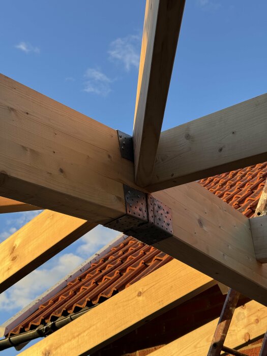 Byggkonstruktion med träbalkar och specialbyggda balkskor, blå himmel i bakgrunden.