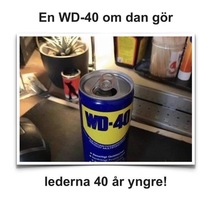 En burk WD-40 med kapsyl öppnad står på ett skrivbord nära växter och olika föremål. Texten ovan och under bilden är humoristisk.