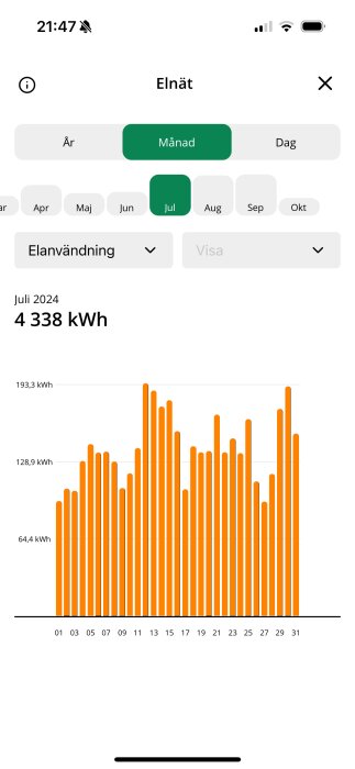 Diagram över elförbrukning i juli 2024, med staplar för daglig användning uttryckt i kWh. Totalt 4 338 kWh för månaden.