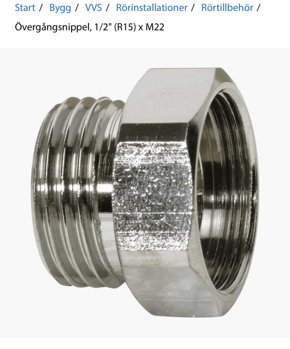 Övergångsnippel i metall, 1/2" (R15) x M22, för rörinstallationer.