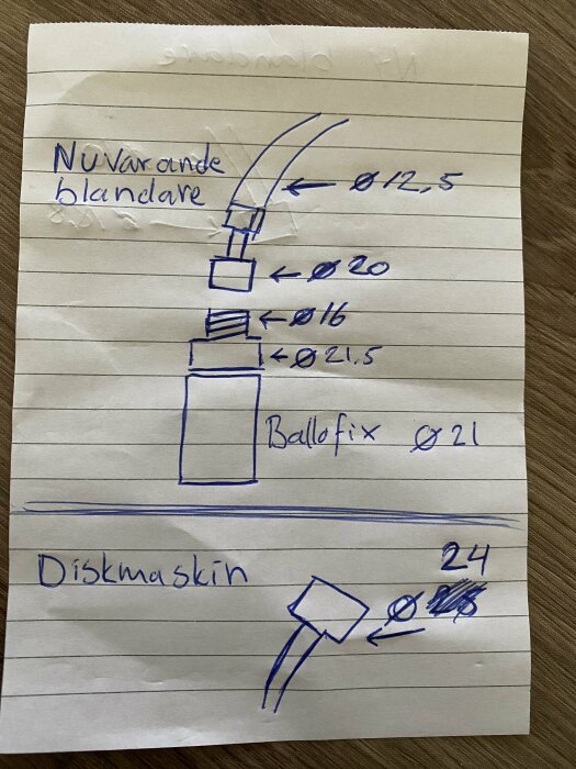 Handritad skiss över rörkopplingar för en blandare och diskmaskin, med märkningar av rördiametrar och ballofixventil.