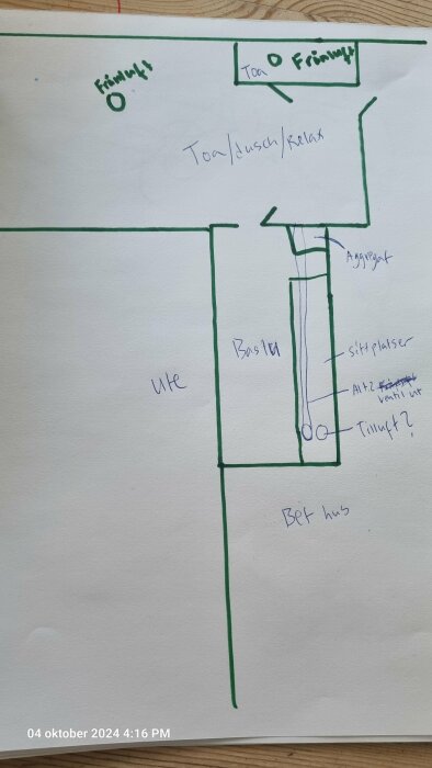 Ritning över bastuventilation med anteckningar om ftx och alternativa lösningar i anslutning till duschrum och toalett.