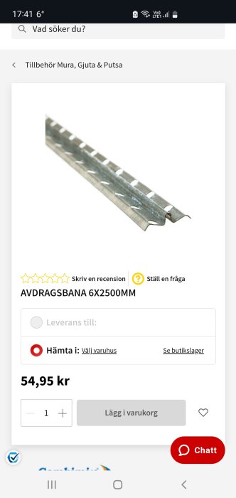 Avdragsbana i elförzinkad plåt, 6x2500mm, visas på produktbild med pris och köpknappar.