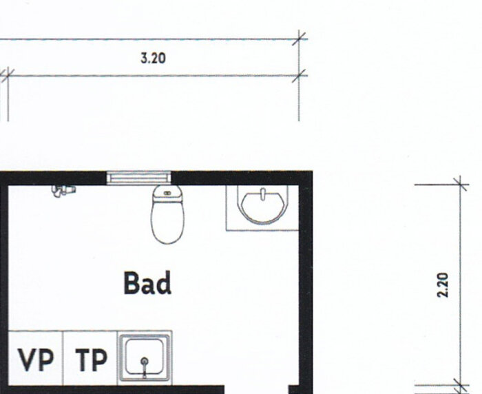 Planritning av ett badrum med toalett, handfat, dusch, värmepump och tvättpelare. Dimensioner: 3,20 x 2,20 meter.