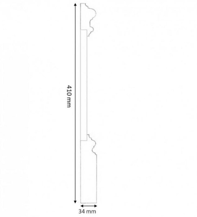Skiss av en tredelad sockelprofil med en total höjd på 410 mm och bredd på 34 mm, visar detaljerad kantform för byggprojekt.