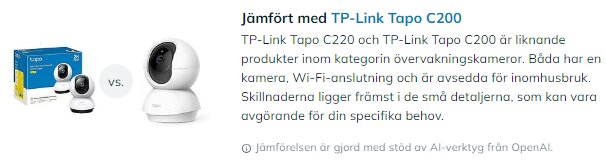 Bild som jämför övervakningskamerorna TP-Link Tapo C200 och C220 med text om deras likheter och skillnader i detaljer samt AI-analys från OpenAI.