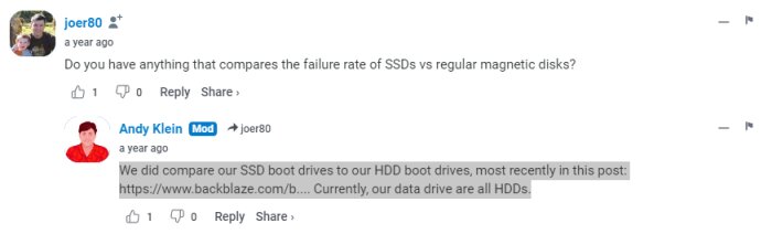 Diskussionstråd om jämförelse av felprocent mellan SSD och HDD med hänvisning till Backblaze bloggpost.