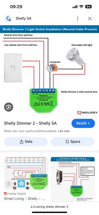 Inkopplingsschema för Shelly Dimmer 2 med neutral kabel, visar anslutningar mellan väggström, strömbrytare och dimbar LED-lampa.