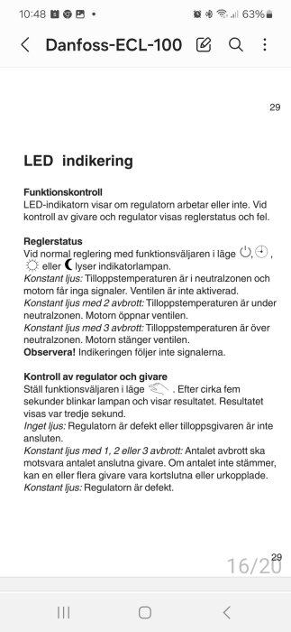 Manualsida för Danfoss ECL-100 visar LED-indikering och funktionskontroll för regulator och givare.