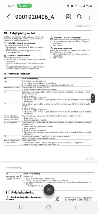 Felidentifieringsmanual för elektronisk utrustning med felsökningsinstruktioner och säkerhetsvarningar.