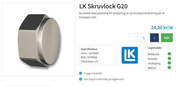 LK Skruvlock G20 med packning för att proppa oanvänd anslutning på LK Fördelare UNI, visas med pris 24 kr/st och specifikationer.