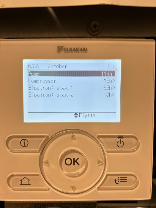 Display från Daikin-solvärmesystem visar förbrukning: pump 114h, kompressor 16h, elpatron steg 1 55h, steg 2 0h.
