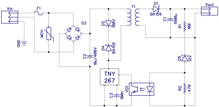 Kretsdiagram över ett switchat nätaggregat med transformator T1 som isolerar primär- och sekundärsida, och optokopplare VO1 för optisk isolation.