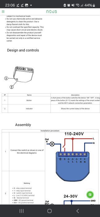 Diagram av smartkontakt med knappar och indikatorer, visar anslutningar för 110-240V och 24-30V. Indikerar kopplingsprocess och terminalmarkeringar.