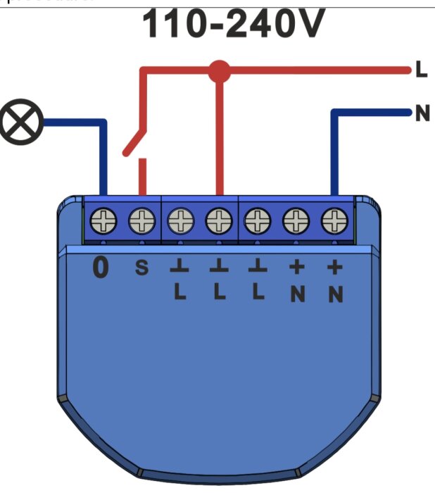 Diagram av kopplingsschema för puck med fas och nolla markerade, visar inkoppling av armatur och matning.