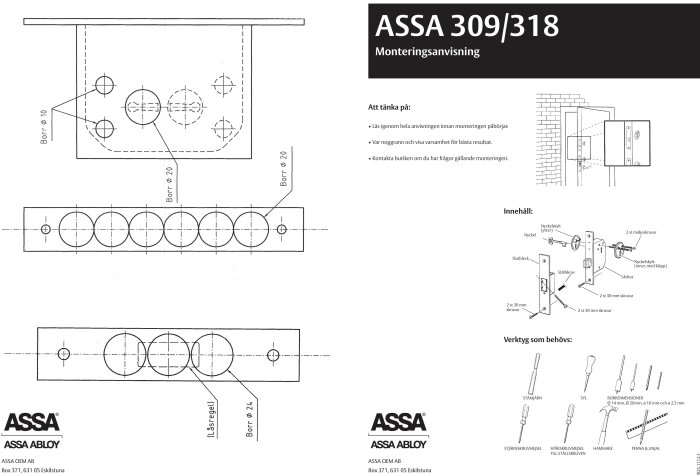 Monteringsanvisning för ASSA 309/318 med verktygslista och illustrationer för installation på dörr inklusive borrhål och komponenter.