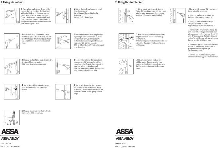 Installationsanvisning för ASSA 309 och 309 Connect med steg-för-steg illustrationer för urtag för låshus och slutbleck på dörr.