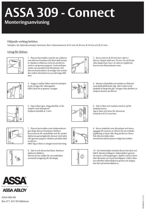 Installationsanvisning för ASSA 309-lås med detaljerade instruktioner och verktygslista. Visar borrmall, stämjärn och monteringssteg för dörrinstallation.