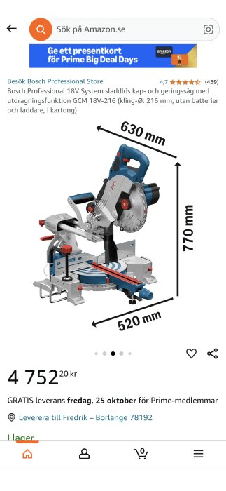Bosch Professional kap- och geringssåg GCM 18V-216 med 216 mm klinga, visad med dimensioner 630 mm x 770 mm x 520 mm.