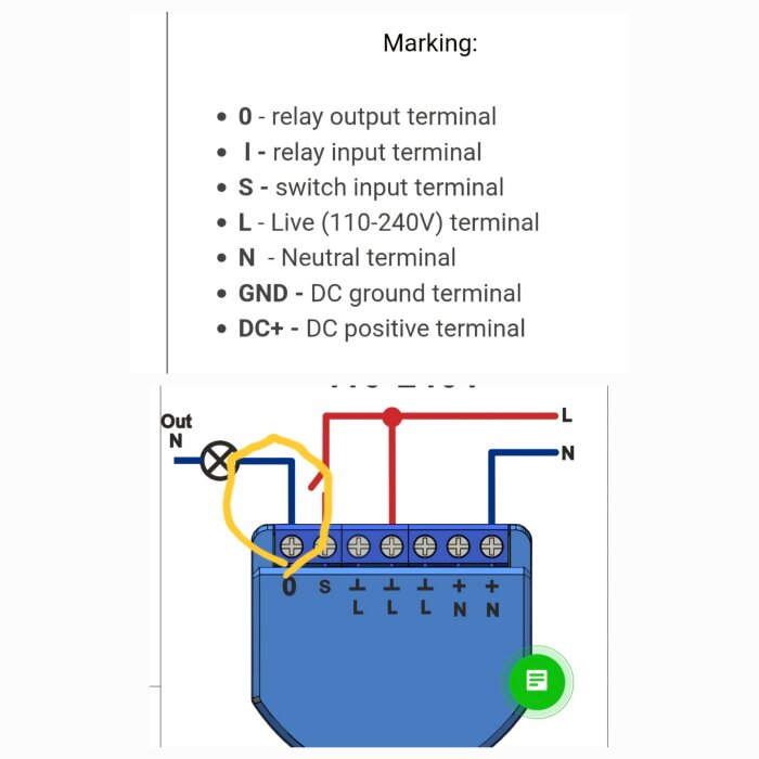 Kopplingsschema med elpuck, visar terminaler: O utgång, I ingång, S brytare, L fas, N nolla. Sladdar markerade i rött och blått.