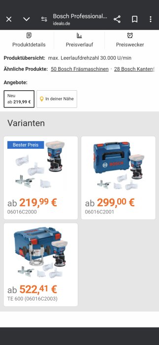 Bosch fräsmaskin med olika tillbehörsalternativ och priser, inklusive L-boxx och TE600, visas på webbplatsen idealo.de.