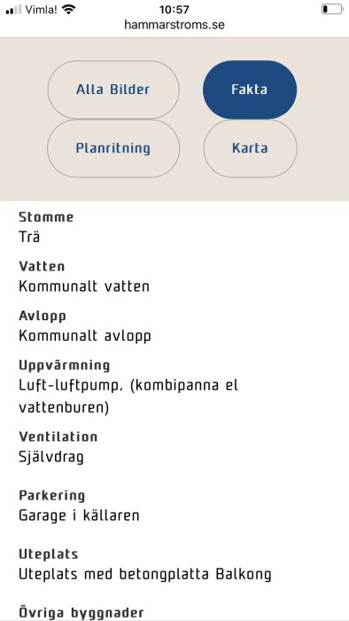 Besiktningsprotokoll för fastighet med trästomme, kommunalt vatten och avlopp, luft-luftpump, ventilation, garage och uteplats.