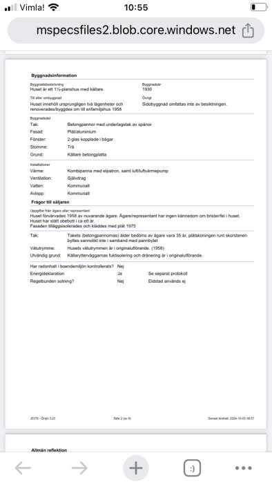 Besiktningsprotokoll med byggnadsinformation och frågor till säljaren, inkluderar detaljer om tak, fasad, ventilation och energideklaration.