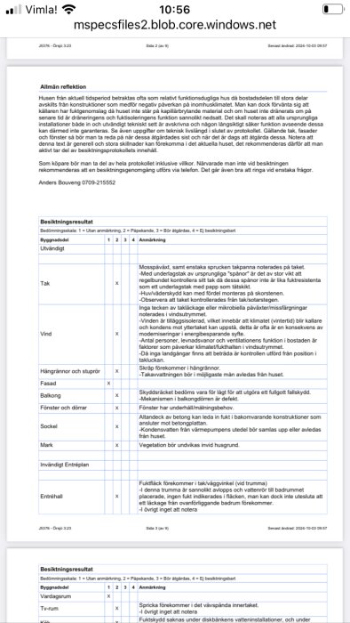 Besiktningsprotokoll med bedömningsskala och anmärkningar för olika byggnadsdelar såsom tak, vind, fasad och mark.