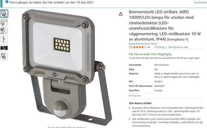 Brennenstuhl LED-strålkastare JARO 1000P med rörelsedetektor, IP44, för utomhusbruk, visad i en produktbild mot vit bakgrund.