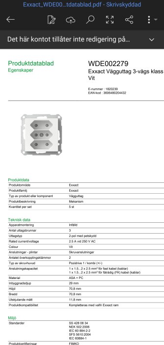 Produktdatablad för Exxact WDE002279 vägguttag, vit, 3-vägs med tekniska specifikationer och certifieringar.