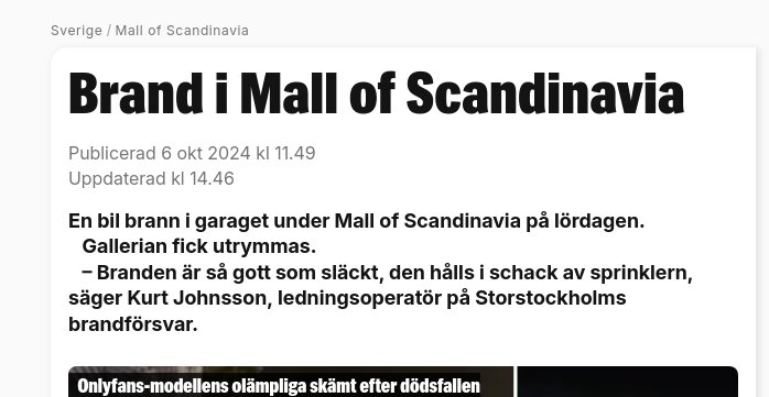 Artikel om bilbrand i Mall of Scandinavia, garage evakuerat.