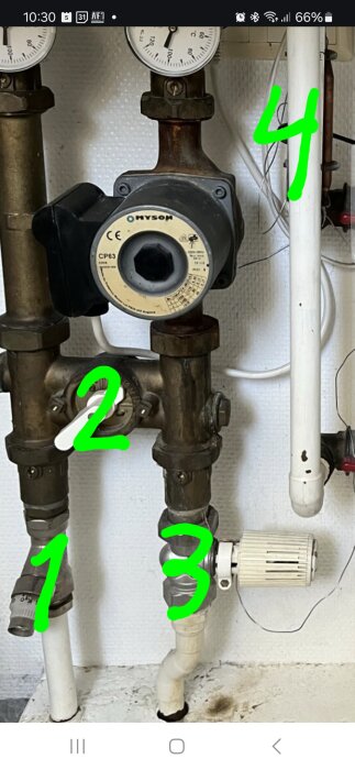 VVS-installation med rörledningar, tryckmätare och pump med handskrivna nummer 1-4 i grönt.