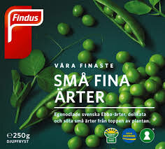 Förpackning av Findus Små fina ärter med gröna ärtor och ärtskidor på framsidan, märkt 250 g djupfryst.