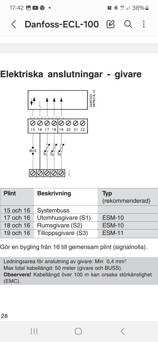 Diagram som visar elektriska anslutningar för givare i Danfoss-ECL-100, med plintnummer, beskrivning och rekommenderade typer av givare.