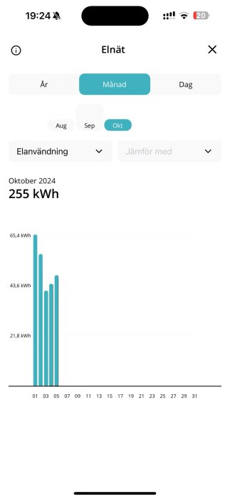 Diagram över elförbrukning i kWh för oktober 2024 i radhus, visar stigande användning de första dagarna.