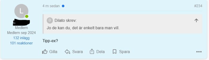 Skärmdump av ett meddelande i ett diskussionsforum där en användare frågar om Tipp-ex och hänvisas till elektroniska alternativ.