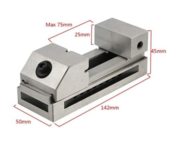 Maskinskruvstycke från Emco med mått: 75mm max öppning, 50mm bredd, 45mm höjd, 142mm längd.