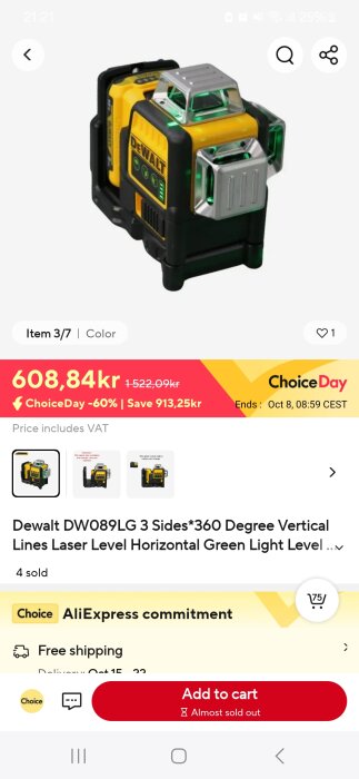 Dewalt DW089LG laser waterpass med grönt ljus och 360 graders täckning visas på en fyndprissättning online med rabatt och fri frakt.