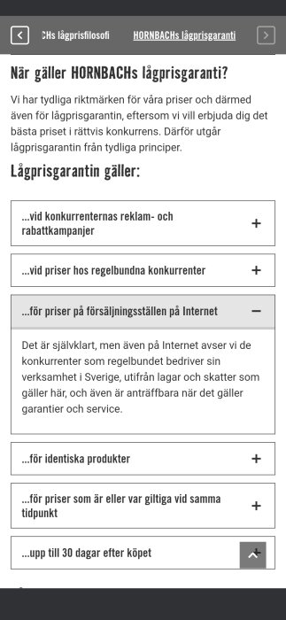 Skärmdump av Hornbachs webbplats som beskriver deras prisgaranti mot nätpriser i Sverige, med specifika villkor och undantag.