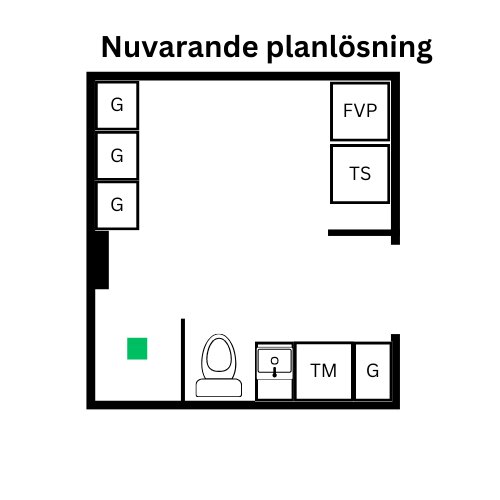 Planlösning för ett badrum med placering av toalett, tvättmaskin, frånluftsvärmepump, torktumlare och garderober.