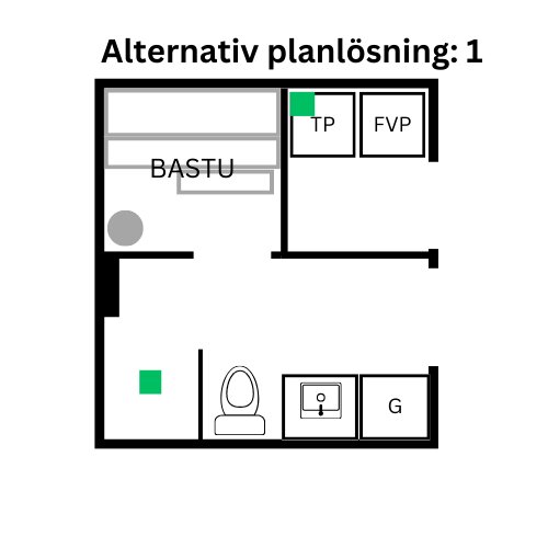 Alternativ planlösning för badrum med bastu, toalett, handfat, och separata utrymmen för torktumlare (TP) och frånluftsvärmepump (FVP).