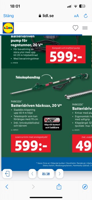 Annons för Parkside batteridriven häcksax 20 V, visas med teleskophandtag och lasercut-kniv. Priset är 599 kronor, batteri och laddare säljs separat.