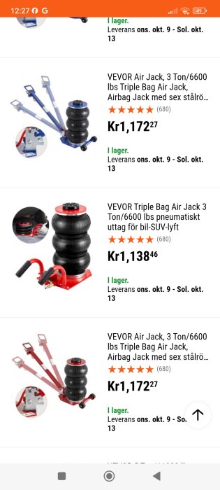 Bild av en produktlista för VEVOR Triple Bag Air Jack, 3 ton/6600 lbs, med pris och leveransinformation. Produkten visas i olika vinklar.