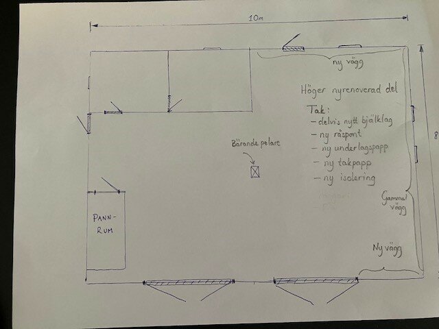 Ritning över byggnad med markering för renoverad del av taket. Visar pannrum, bärande pelare och förslag om att sätta upp nya väggar.