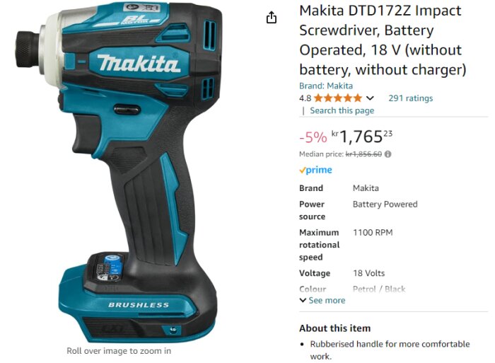 Makita DTD172Z slagskruvdragare, batteridriven 18V, visar produktdetaljer och pris på en e-handelssida.