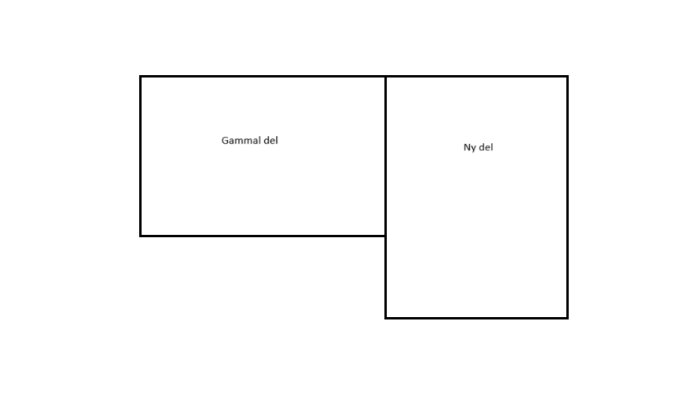 Skiss av husutbyggnad: visning av befintlig del och ny tillbyggnad i vinkel mot gamla delen på entréplan.