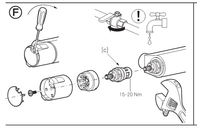 Illustration av hur man byter ett keramiskt överstycke på en Mora Cera T4-blandare, inklusive verktyg och momentanvisning på 15-20 Nm.