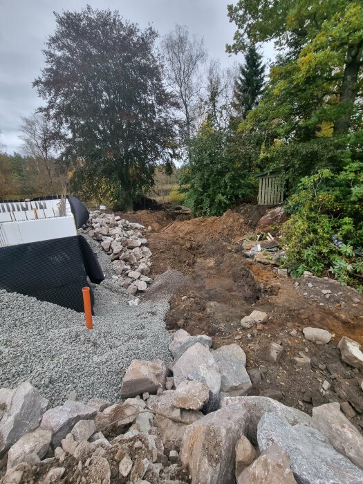 Dräneringsrör och avloppsrör i marken vid källargrund, omgivna av grus och stenar, med grönska och träd i bakgrunden.