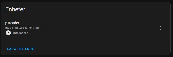 Skärmbild av enhetspanel i ett gränssnitt med texten "p1reader", inget laddat, ingen enhet eller entitet, knapp för att lägga till enhet.